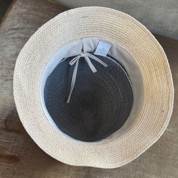 Vintage straw hat color block Hay color Navy Gray Inside adjust ribbon As Is - Picture 3 of 7